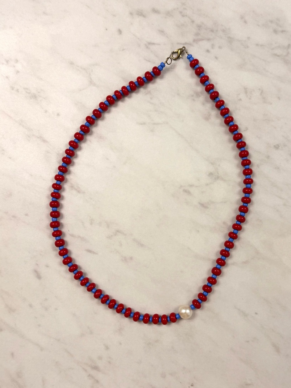 Red and Blue Beaded Necklace with Pearl Accent